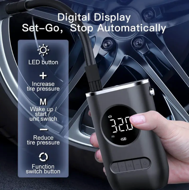 Compact Cordless Tyre Inflator – 150PSI, Digital Display, LED Light, USB Rechargeable