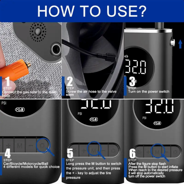 Compact Cordless Tyre Inflator – 150PSI, Digital Display, LED Light, USB Rechargeable