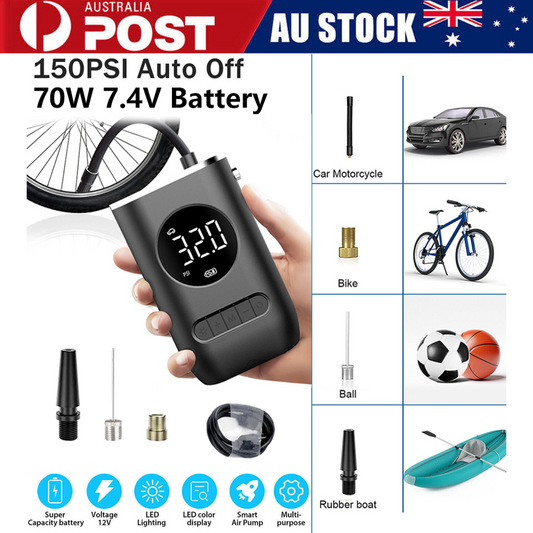 Compact Cordless Tyre Inflator – 150PSI, Digital Display, LED Light, USB Rechargeable